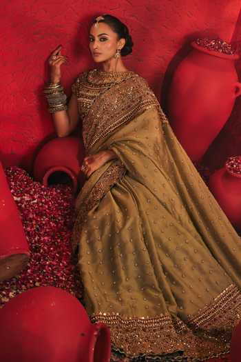 Payal & Zinal Gold Tissue, Organza, Satin Round Neck Reva Embroidered Saree With Blouse at Aza Fashions Payal & Zinal_Gold Tissue, Organza, Satin Round Neck Reva Embroidered Saree With Blouse _at_Aza_Fashions