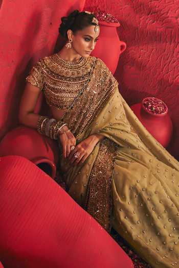 Buy Payal & Zinal Gold Tissue, Organza, Satin Round Neck Reva Embroidered Saree With Blouse Buy_Payal & Zinal_Gold Tissue, Organza, Satin Round Neck Reva Embroidered Saree With Blouse