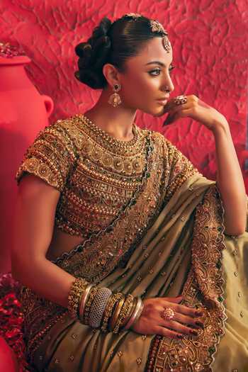 Shop Payal & Zinal Gold Tissue, Organza, Satin Round Neck Reva Embroidered Saree With Blouse Shop_Payal & Zinal_Gold Tissue, Organza, Satin Round Neck Reva Embroidered Saree With Blouse