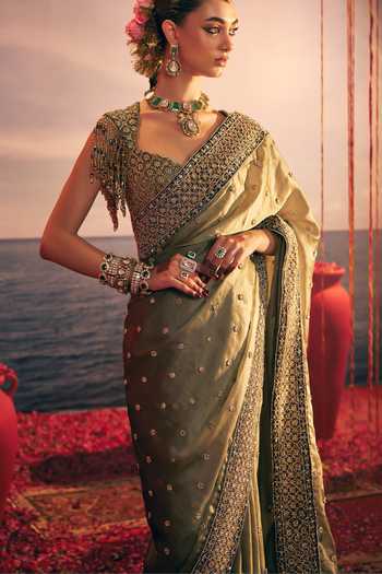 Payal & Zinal Blue Organza, Satin, Velvet Banno Embroidered Saree With Blouse Online at Aza Fashions Payal & Zinal_Blue Organza, Satin, Velvet Banno Embroidered Saree With Blouse _Online_at_Aza_Fashions