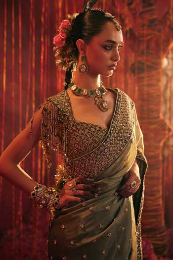 Shop Payal & Zinal Blue Organza, Satin, Velvet Banno Embroidered Saree With Blouse Online at Aza Fashions Shop_Payal & Zinal_Blue Organza, Satin, Velvet Banno Embroidered Saree With Blouse _Online_at_Aza_Fashions