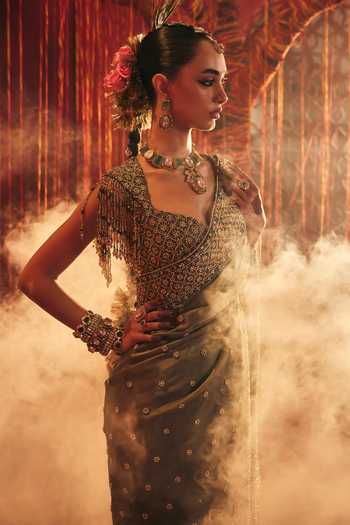 Payal & Zinal Blue Organza, Satin, Velvet Banno Embroidered Saree With Blouse at Aza Fashions Payal & Zinal_Blue Organza, Satin, Velvet Banno Embroidered Saree With Blouse _at_Aza_Fashions