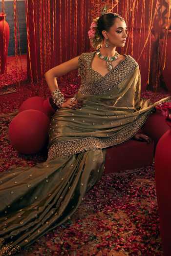 Buy Payal & Zinal Blue Organza, Satin, Velvet Banno Embroidered Saree With Blouse Buy_Payal & Zinal_Blue Organza, Satin, Velvet Banno Embroidered Saree With Blouse