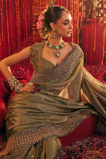 Shop Payal & Zinal Blue Organza, Satin, Velvet Banno Embroidered Saree With Blouse Shop_Payal & Zinal_Blue Organza, Satin, Velvet Banno Embroidered Saree With Blouse