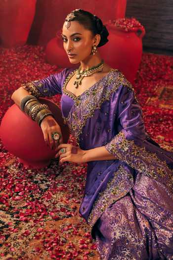 Buy Payal & Zinal Purple Organza, Georgette, Satin Zarna Embroidered Saree With Blouse Buy_Payal & Zinal_Purple Organza, Georgette, Satin Zarna Embroidered Saree With Blouse