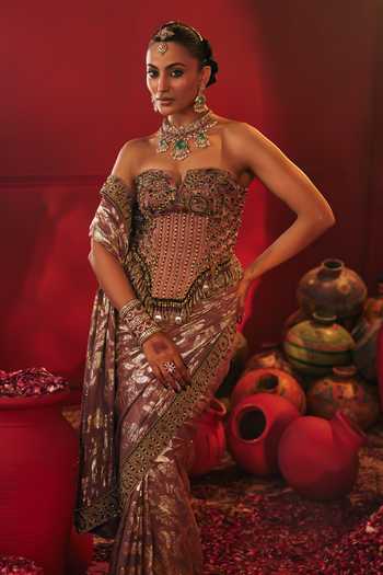 Payal & Zinal Pink Georgette, Brocade Beads, Crystals Dori Gaji Woven Saree With Corset Online at Aza Fashions Payal & Zinal_Pink Georgette, Brocade Beads, Crystals Dori Gaji Woven Saree With Corset _Online_at_Aza_Fashions