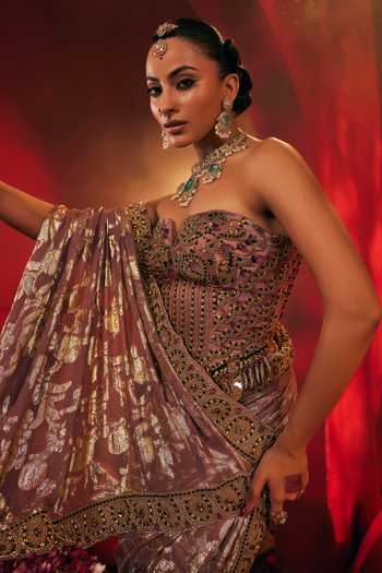 Shop Payal & Zinal Pink Georgette, Brocade Beads, Crystals Dori Gaji Woven Saree With Corset Online at Aza Fashions Shop_Payal & Zinal_Pink Georgette, Brocade Beads, Crystals Dori Gaji Woven Saree With Corset _Online_at_Aza_Fashions