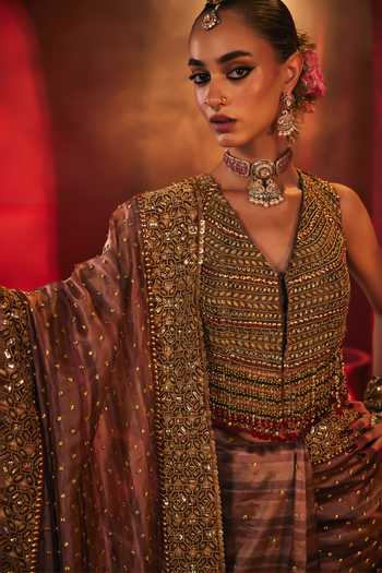 Buy Payal & Zinal Multi Color V-neck Kalirah Embroidered Saree With Blouse Online at Aza Fashions Buy_Payal & Zinal_Multi Color V-neck Kalirah Embroidered Saree With Blouse _Online_at_Aza_Fashions