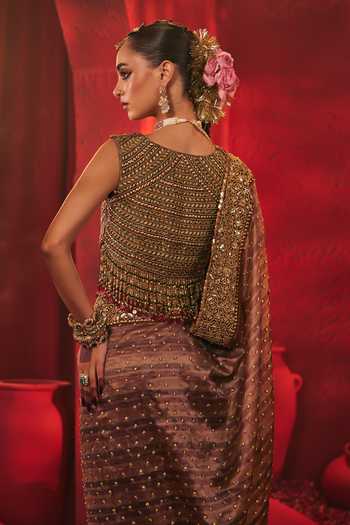 Shop Payal & Zinal Multi Color V-neck Kalirah Embroidered Saree With Blouse Shop_Payal & Zinal_Multi Color V-neck Kalirah Embroidered Saree With Blouse