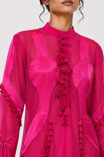 Saim_Fuchsia Chanderi, Satin, Silk Sculptural Scallop Top And Godet Sharara Set _Online_at_Aza_Fashions