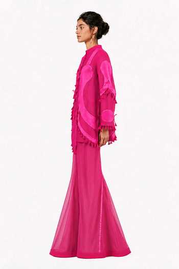 Buy_Saim_Fuchsia Chanderi, Satin, Silk Sculptural Scallop Top And Godet Sharara Set _Online_at_Aza_Fashions