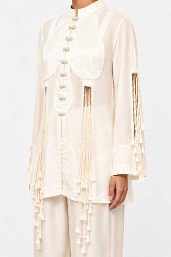 Saim_Off White Chanderi, Satin, Silk Mandarin Collar Sheer Top And Trouser Set _Online_at_Aza_Fashions