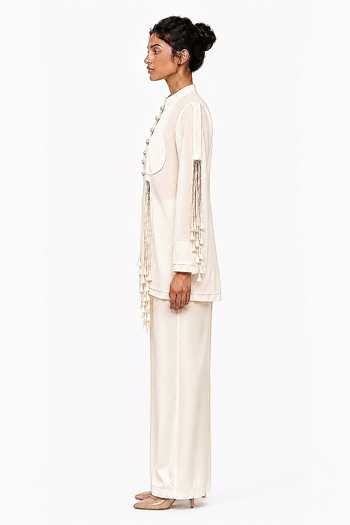 Buy_Saim_Off White Chanderi, Satin, Silk Mandarin Collar Sheer Top And Trouser Set _Online_at_Aza_Fashions