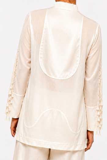 Shop_Saim_Off White Chanderi, Satin, Silk Mandarin Collar Sheer Top And Trouser Set _Online_at_Aza_Fashions