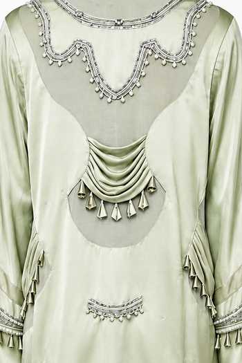 Saim_Green Chanderi, Satin, Jersey Mandarin Collar Patchwork Embellished Dress _Online_at_Aza_Fashions