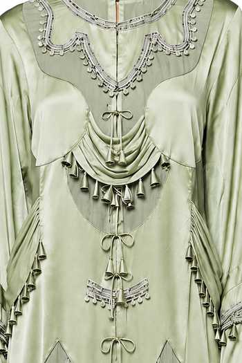 Buy_Saim_Green Chanderi, Satin, Jersey Mandarin Collar Patchwork Embellished Dress _Online_at_Aza_Fashions