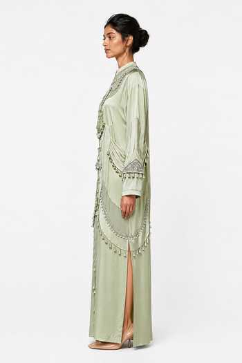 Shop_Saim_Green Chanderi, Satin, Jersey Mandarin Collar Patchwork Embellished Dress _Online_at_Aza_Fashions