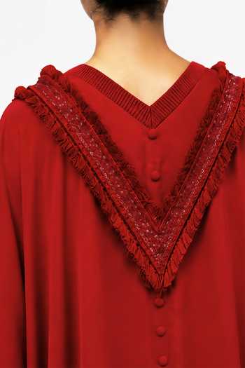 Saim_Red Silk, Satin, Jersey V-neck Patchwork Embroidered Kaftan And Pant Set _Online_at_Aza_Fashions