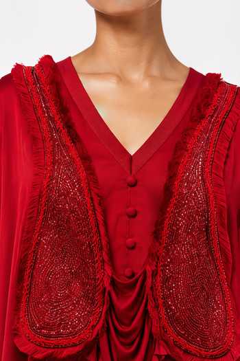 Buy_Saim_Red Silk, Satin, Jersey V-neck Patchwork Embroidered Kaftan And Pant Set _Online_at_Aza_Fashions
