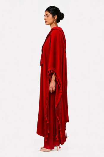 Shop_Saim_Red Silk, Satin, Jersey V-neck Patchwork Embroidered Kaftan And Pant Set _Online_at_Aza_Fashions