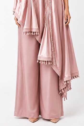 Saim_Pink Silk, Satin, Jersey One Shoulder Godets Top And Trouser Set _Online_at_Aza_Fashions