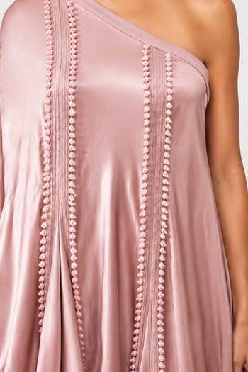 Shop_Saim_Pink Silk, Satin, Jersey One Shoulder Godets Top And Trouser Set _Online_at_Aza_Fashions
