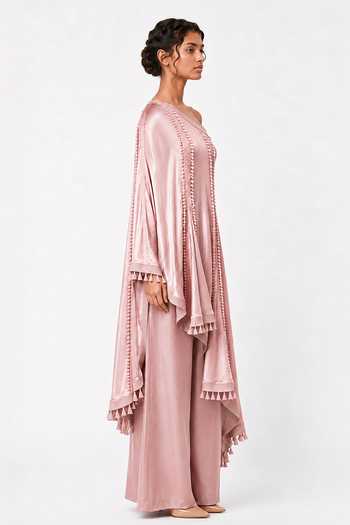 Saim_Pink Silk, Satin, Jersey One Shoulder Godets Top And Trouser Set _at_Aza_Fashions