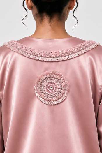 Saim_Pink Silk, Satin V-neck Ornamented Embroidered Jacket And Pant Set _Online_at_Aza_Fashions