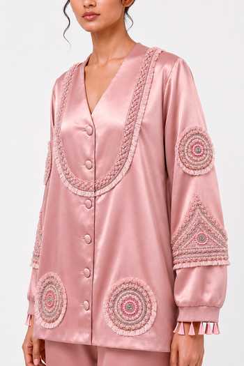 Buy_Saim_Pink Silk, Satin V-neck Ornamented Embroidered Jacket And Pant Set _Online_at_Aza_Fashions