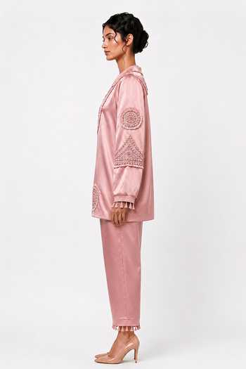 Shop_Saim_Pink Silk, Satin V-neck Ornamented Embroidered Jacket And Pant Set _Online_at_Aza_Fashions