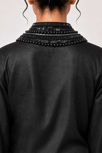 Saim_Black Silk, Satin, Chanderi, Jersey Collared Neck Embroidered Shirt And Skirt Set _Online_at_Aza_Fashions