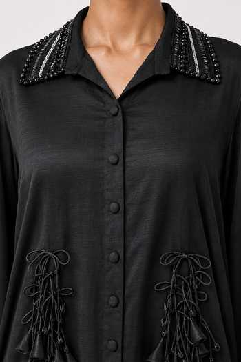 Buy_Saim_Black Silk, Satin, Chanderi, Jersey Collared Neck Embroidered Shirt And Skirt Set _Online_at_Aza_Fashions