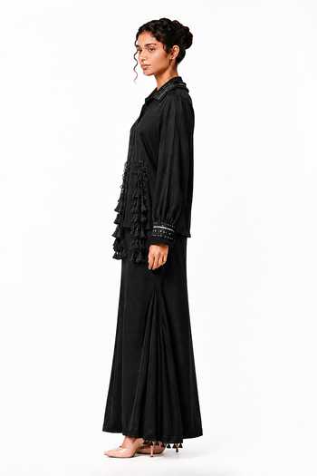 Shop_Saim_Black Silk, Satin, Chanderi, Jersey Collared Neck Embroidered Shirt And Skirt Set _Online_at_Aza_Fashions