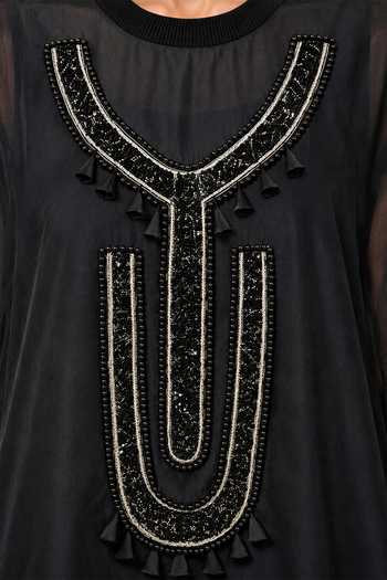 Saim_Black Silk, Chanderi, Satin Round Neck Embroidered Vest And Trouser Set _Online_at_Aza_Fashions