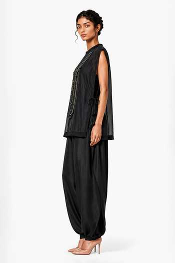 Buy_Saim_Black Silk, Chanderi, Satin Round Neck Embroidered Vest And Trouser Set _Online_at_Aza_Fashions