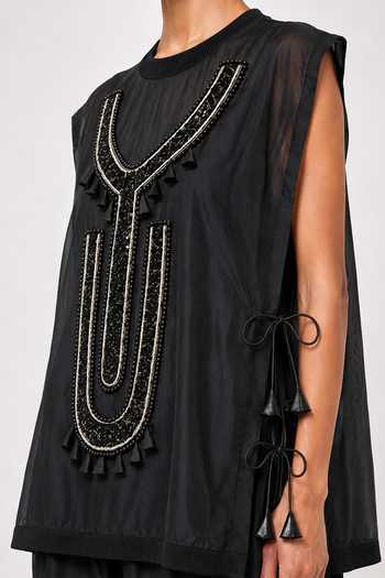 Shop_Saim_Black Silk, Chanderi, Satin Round Neck Embroidered Vest And Trouser Set _Online_at_Aza_Fashions