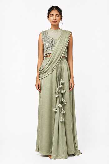 Saim Hand Embroidered Blouse With Pre-Draped Skirt Saree 