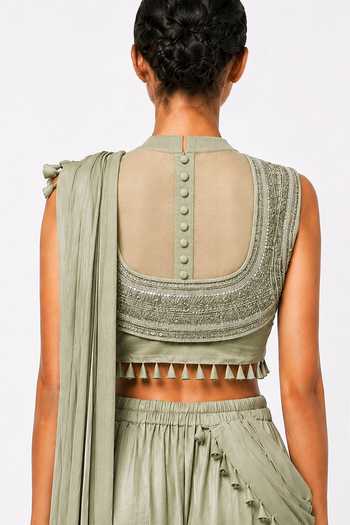 Saim_Green Silk, Chanderi, Satin, Hand Embroidered Blouse With Pre-draped Skirt Saree _Online_at_Aza_Fashions