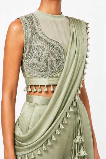 Buy_Saim_Green Silk, Chanderi, Satin, Hand Embroidered Blouse With Pre-draped Skirt Saree _Online_at_Aza_Fashions