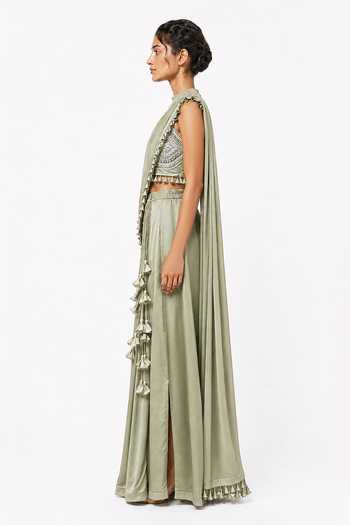 Shop_Saim_Green Silk, Chanderi, Satin, Hand Embroidered Blouse With Pre-draped Skirt Saree _Online_at_Aza_Fashions