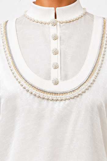 Buy_Saim_Off White Silk, Satin, Chanderi Mandarin Collar Top And Skirt Set _Online_at_Aza_Fashions