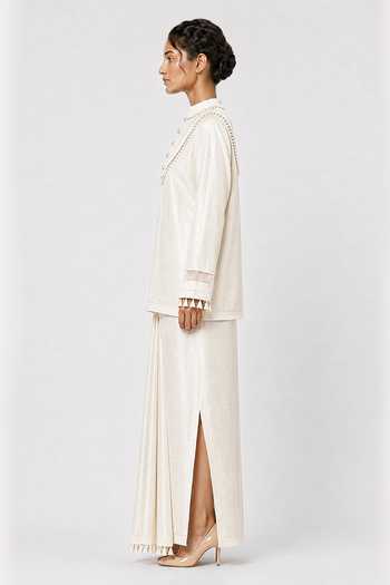 Shop_Saim_Off White Silk, Satin, Chanderi Mandarin Collar Top And Skirt Set _Online_at_Aza_Fashions