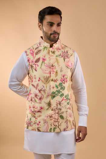 Buy Spring Break White Cotton, Silk Floral Print Nehru Jacket And Kurta Set Online at Aza Fashions Buy_Spring Break_White Cotton, Silk Floral Print Nehru Jacket And Kurta Set _Online_at_Aza_Fashions