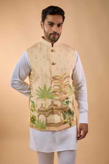 Spring Break White Cotton, Silk Printed Nehru Jacket Set Online at Aza Fashions Spring Break_White Cotton, Silk Printed Nehru Jacket Set _Online_at_Aza_Fashions