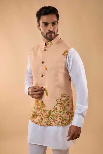 Spring Break White Cotton, Silk Botanical Print Nehru Jacket Set Online at Aza Fashions Spring Break_White Cotton, Silk Botanical Print Nehru Jacket Set _Online_at_Aza_Fashions