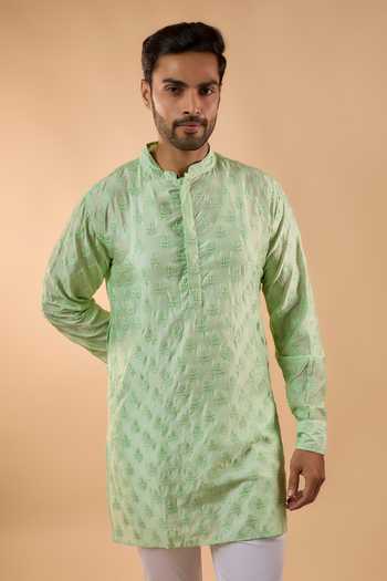 Spring Break Green Silk, Cotton Embroidered Kurta Set Online at Aza Fashions Spring Break_Green Silk, Cotton Embroidered Kurta Set _Online_at_Aza_Fashions