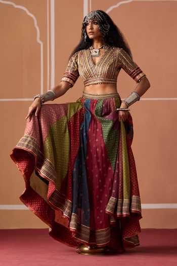 Swatti Kapoor_Multi Color Cotton, Chanderi V-neck Rumi Handwoven Blouse _Online_at_Aza_Fashions