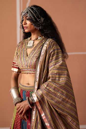 Shop_Swatti Kapoor_Multi Color Cotton, Chanderi V-neck Rumi Handwoven Blouse _Online_at_Aza_Fashions