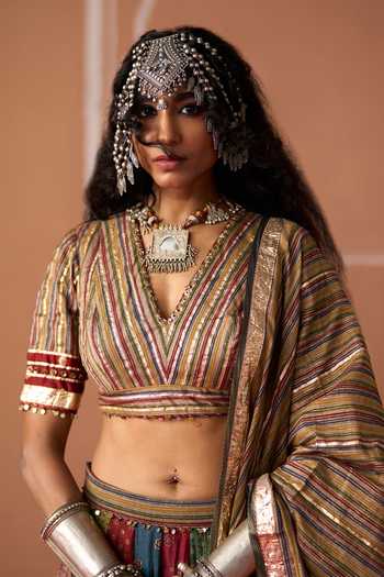 Swatti Kapoor_Multi Color Cotton, Chanderi V-neck Rumi Handwoven Blouse _at_Aza_Fashions