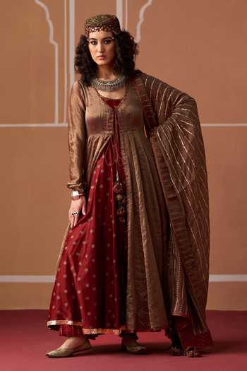 Buy_Swatti Kapoor_Brown Chanderi, Brocade Dev Handowven Dupatta _Online_at_Aza_Fashions